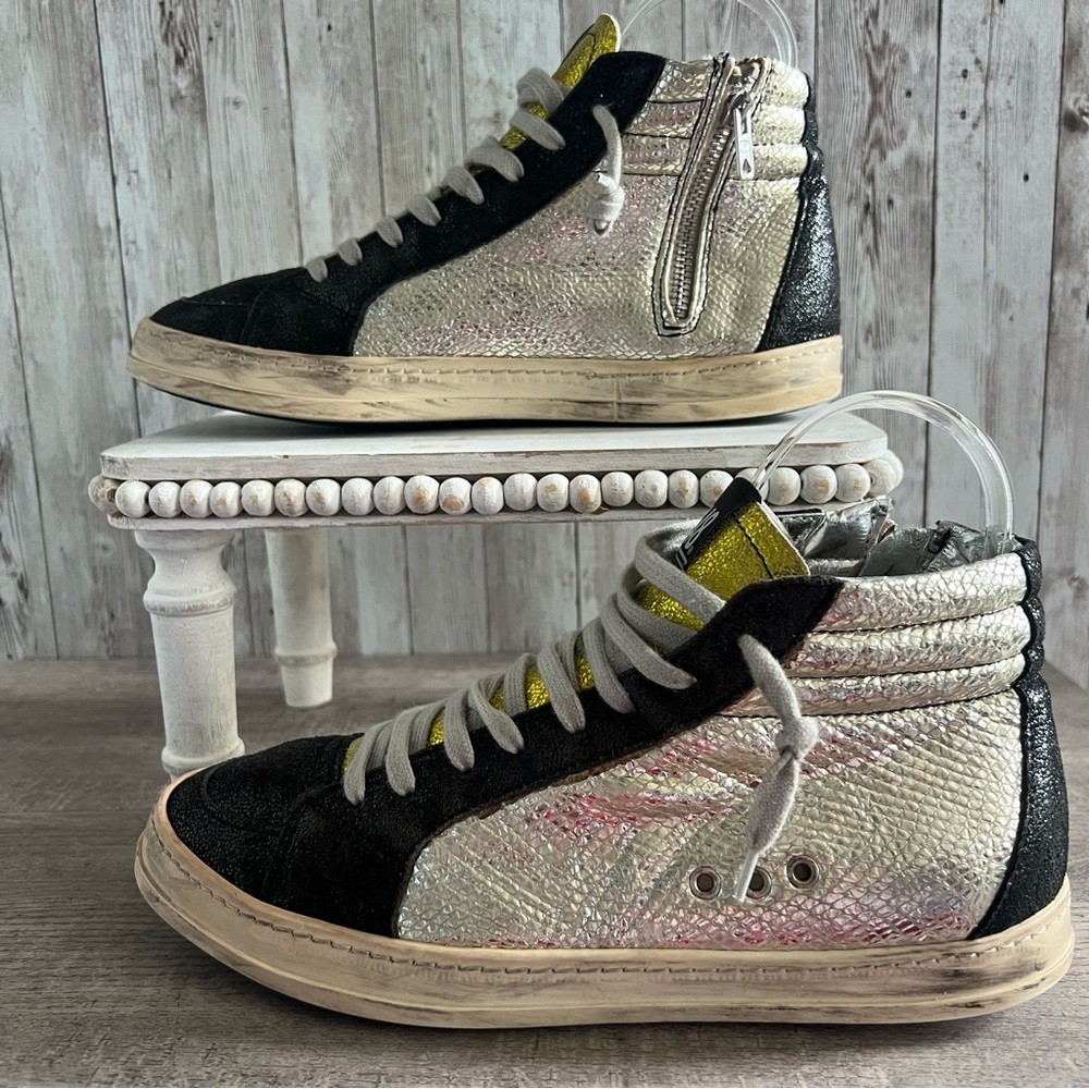 P448 Women’s High-Top Sneakers in Black and Iridescent Silver with Yellow Tongue